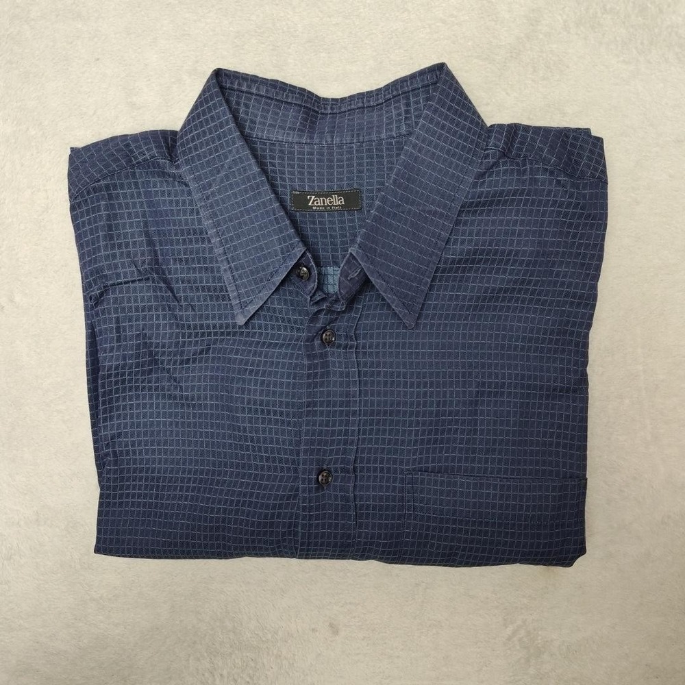 Zanella Shirt Mens 17.5 34/35 Blue Check Ron Point Collar Dress Long Sleeve Work